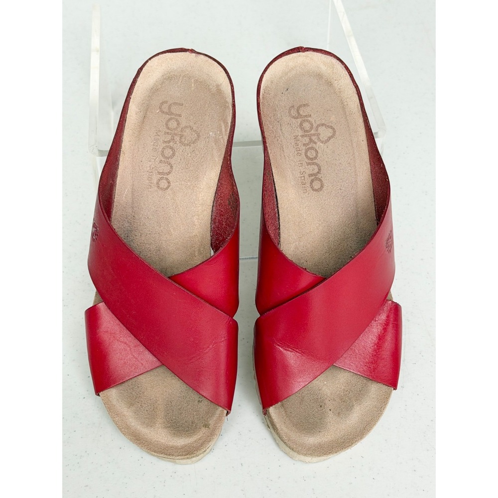 Yokono Red Leather Wedge Platform Sandals Slip On Cork Women's 7.5 Spain - Picture 6 of 8